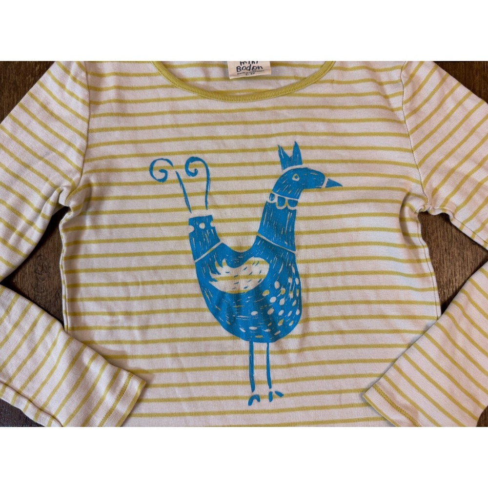 Mini Boden Girls 7 8 Shirt Appliqué Long Sleeve Rooster Chicken Bird Striped Top